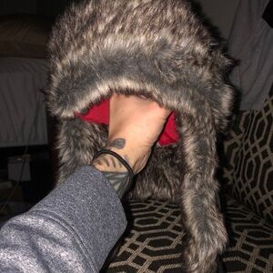 Faux Fur Trapper Hat with Red Lining